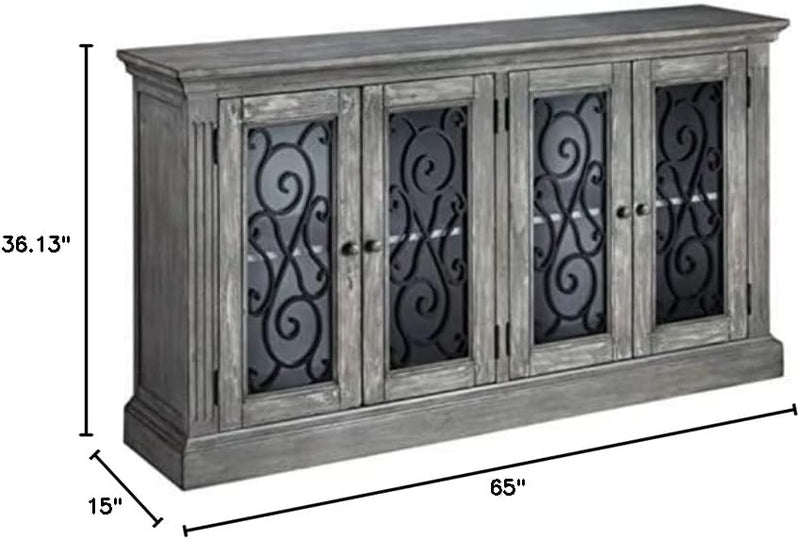 Mirimyn Vintage 65" 4-Door Accent Cabinet with Clear Glass Inlay and 2 Adjustable Shelves