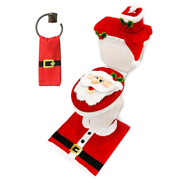 5 Pieces Christmas Theme Bathroom Decoration Set w/Toilet Seat Cover, Rugs, and Santa Towel