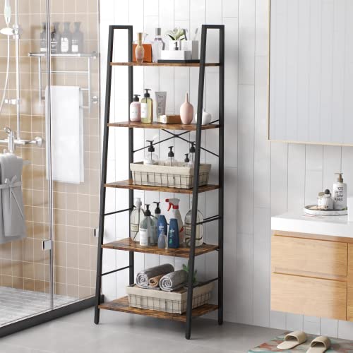 Bookshelf, Ladder Shelf 5-Tier Bookcase for Bedroom, Industrial Book Shelves Storage Rack