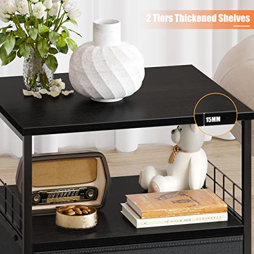 Nightstand Set of 2, Bedside Table with Fabric Drawers and Open Wood Shelf Storage