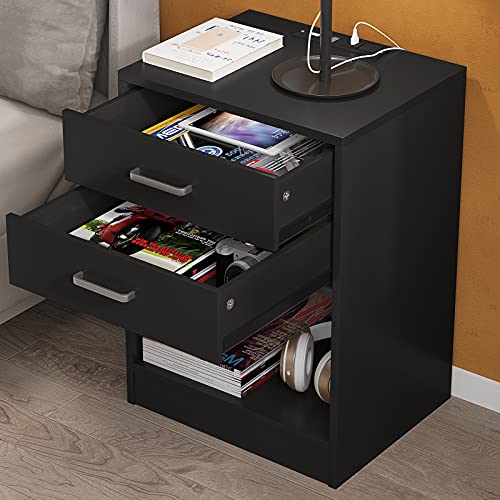 Nightstands Set of 2,Black Nightstand with Charging Station & Drawers
