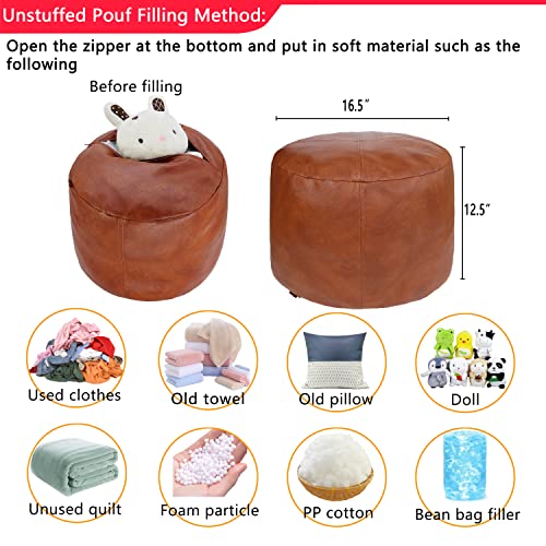 Unstuffed Faux Leather Pouf Cover, Handmade Footstool Ottoman Storage Solution