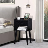 Black Nightstand, Bed Side Table with Drawer Open Shelf, Wood Nightstands