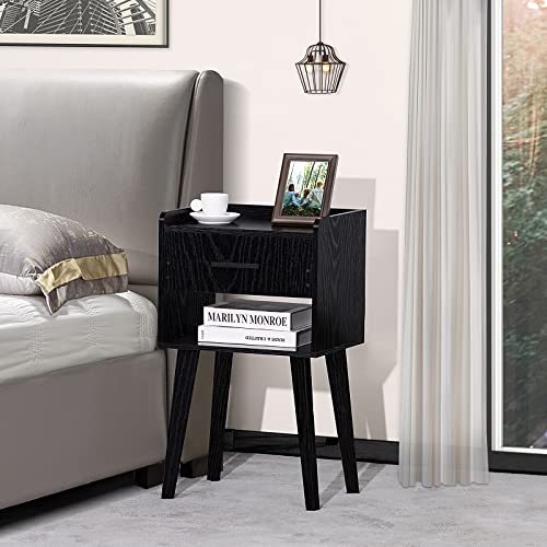 Black Nightstand, Bed Side Table with Drawer Open Shelf, Wood Nightstands