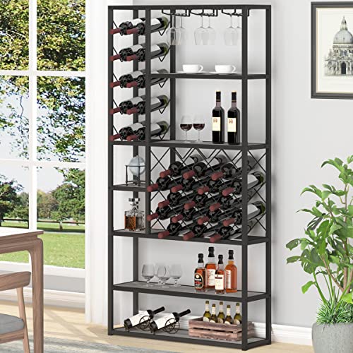 Industrial Wine Rack Freestanding Floor, Farmhouse Tall Coffee Bar Cabinet with Storage