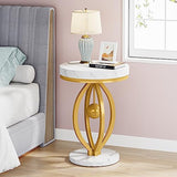 Gold Round End Table, Faux Marble Sofa Side Table, Modern Nightstand with Unique Iron