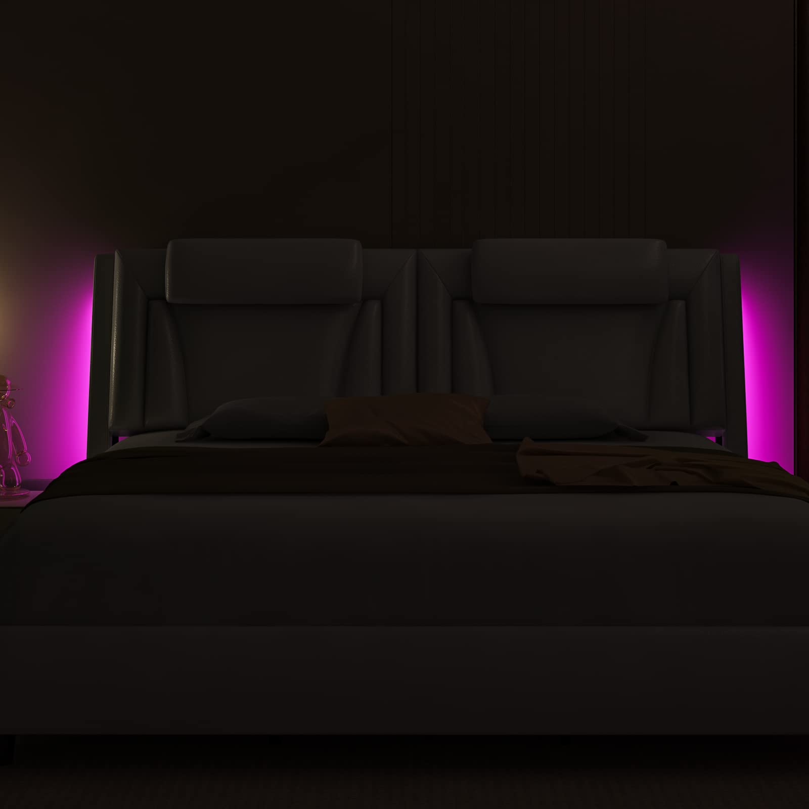 Upholstered Platform Bed Frame with Adjustable LED Headboard, Pu Leather