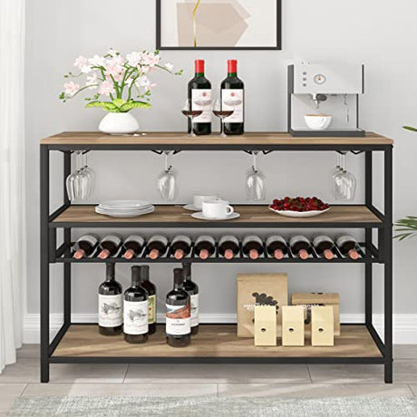 Wine Rack Table, Modern Metal and Wood Wine Bar Cabinet Freestanding Floor