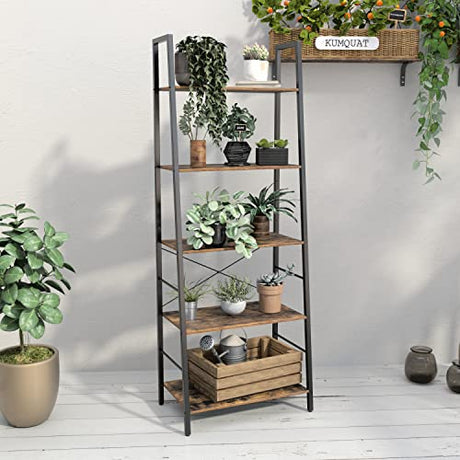 Bookshelf, Ladder Shelf 5-Tier Bookcase for Bedroom, Industrial Book Shelves Storage Rack