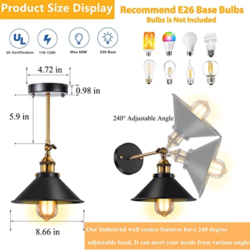 Industrial Sconces Wall Lighting, Antique 240 Degree Adjustable Black Wall Sconce