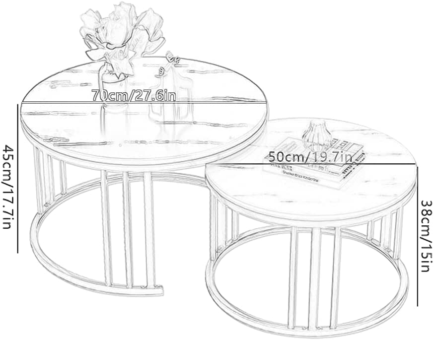 Round Nesting Coffee Table Set of 2 Modern Cocktail Table with Metal Frame