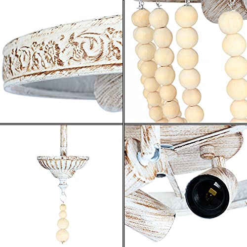 Wood Beaded Chandelier, 3 Lights Flush Mount Ceiling Light with Engraving Pattern