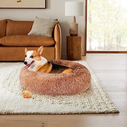 Calming Dog Bed - Anti Anxiety with Removable Cover  Fluffy Plush Faux