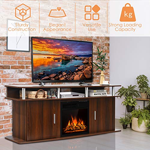 Tangkula Fireplace TV Stand, Living Room Media Console Table w/1500W Electric Fireplace for TVs up to 70 Inches, Modern TV Console w/ Fireplace, Remote Control & Adjustable Brightness (Cherry)