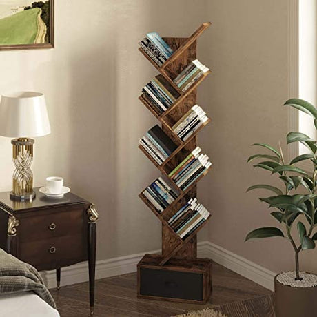 Tree Bookshelf with Drawer, 8 Shelf Rustic Brown Bookcase