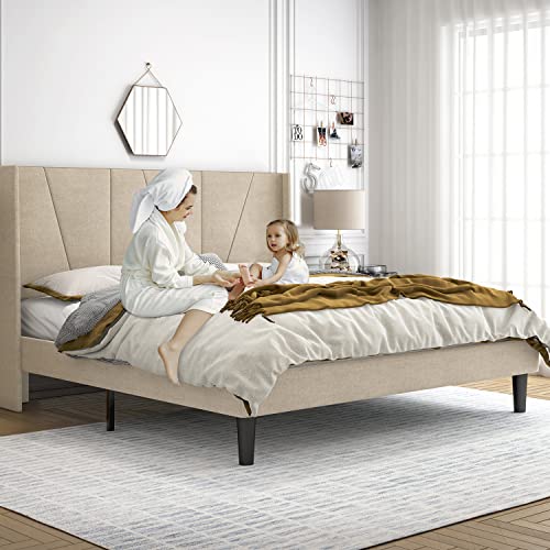 King Size Platform Bed Frame with Geometric Wingback Headboard