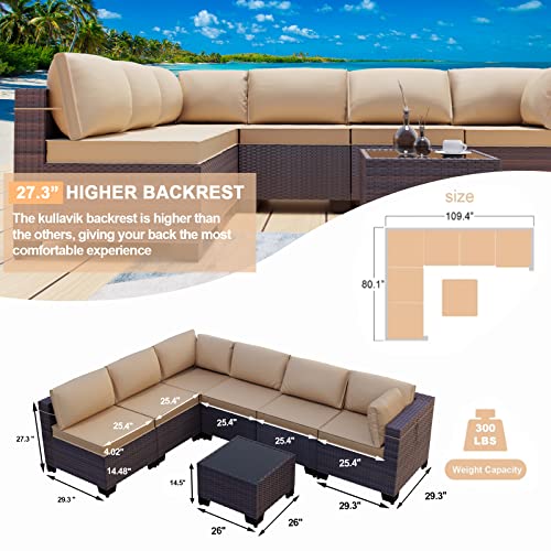 Patio Furniture 7 Pieces Outdoor Sectional PE Rattan Sofa Set Brown Manual Wicker