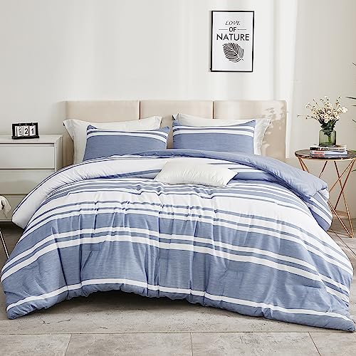 Andency Queen Comforter Set Blue White, 3 Pieces Striped Summer Bedding Sets, Reversible Soft Lightweight All Season Fluffy Down Alternative Bed Set (90x90In Comforter &2 Pillowcases)