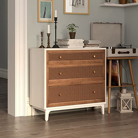 Farmhouse 3-Drawer Rattan Cane Front Accent Dresser with Brass Knobs for Living Room