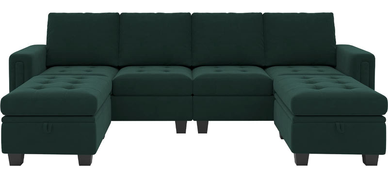 Velvet U Shaped Sectional Sofa Couch with Storage Ottoman Convertibel Sectional Sofa with Reversible Chaises Green