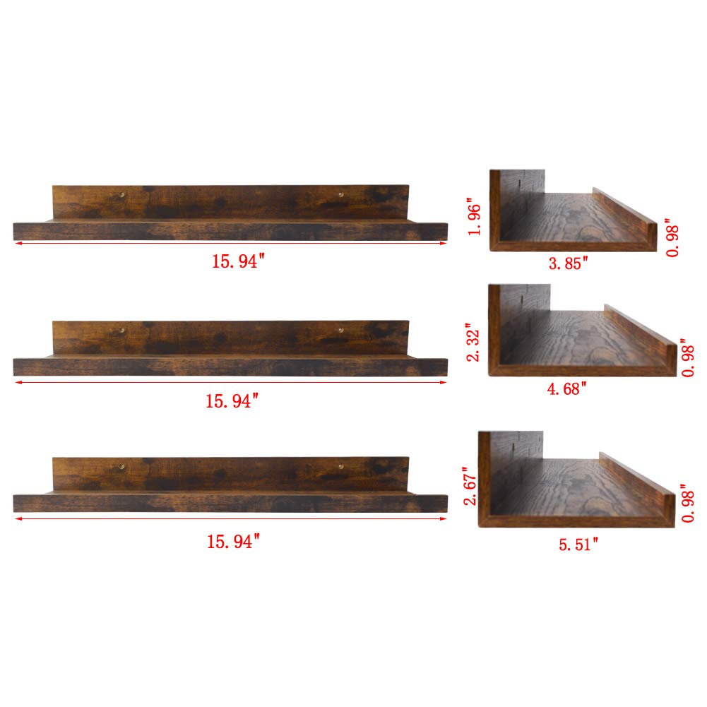 16 Inch Floating Shelves for Wall Set of 3,  Wall Mounted Picture Ledge Wooden Wall Shelf