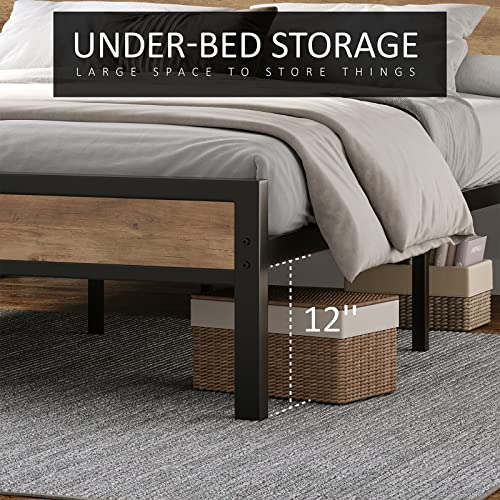 Bed Frame Industrial Platform Bed with Charging Station, 2-Tier Storage Headboard