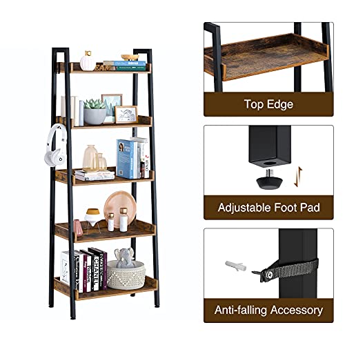 Ladder Bookshelf with 3 Hooks, 5 Tier Ladder Shelf