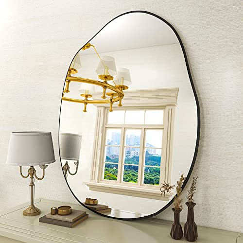 Black Asymmetrical Bathroom Mirror Wood Framed Modern Decorative Vanity Mirror