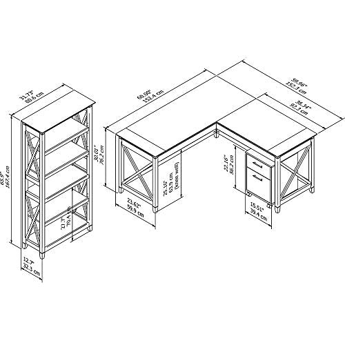 Key West 60W L Shaped Desk with Mobile File Cabinet and 5 Shelf Bookcase