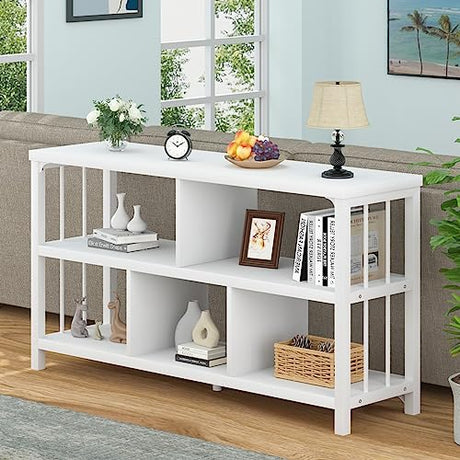 White Wood Bookshelf, Industrial Horizontal Cubby Book Shelf