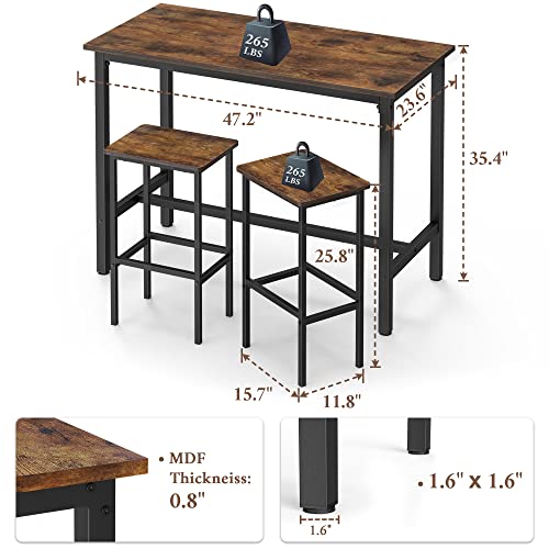 Bar Table and Chairs Set, 47.2 Inch Bar Table Set, Bar Height Table with 2 Bar Stools