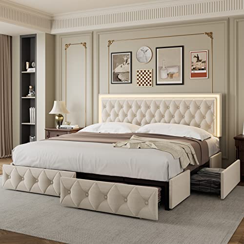 Queen Upholstered LED Bed Frame with 4 Drawers, Velvet Platform Storage Bed