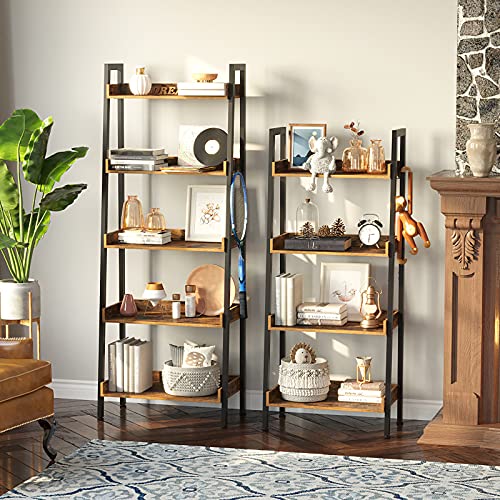 Ladder Bookshelf with 3 Hooks, 5 Tier Ladder Shelf