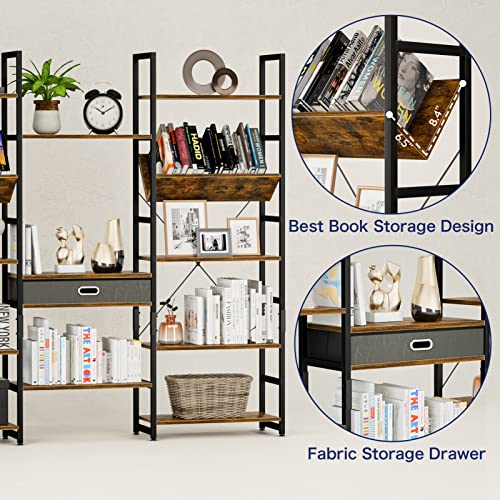 Triple Wide 5 Tier Bookshelf, Adjustable Rustic Industrial Style Book Shelves