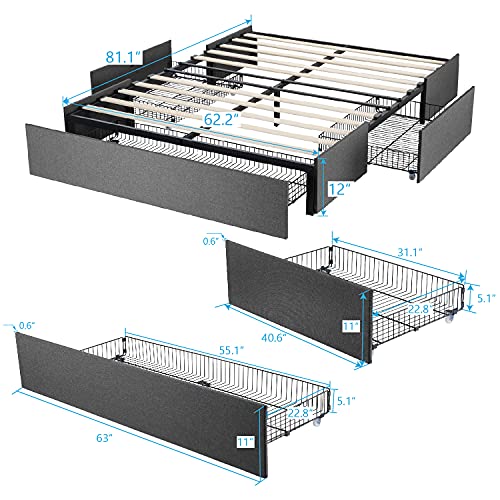 Queen Size Platform Bed Frame with 3 Storage Drawers, Upholstered Wing Side Panel Design