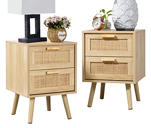 Nightstand, End Table, Side Table with 2 Hand Made Rattan Decorated Drawers