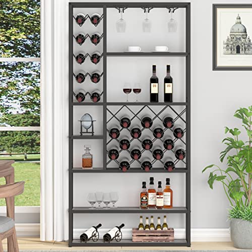 Industrial Wine Rack Freestanding Floor, Farmhouse Tall Coffee Bar Cabinet with Storage