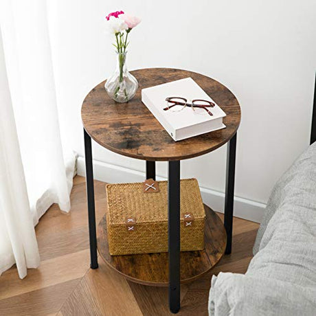 Round Side Table, Sofa Couch Table with Storage Shelf, 2-Layer Industrial End Table