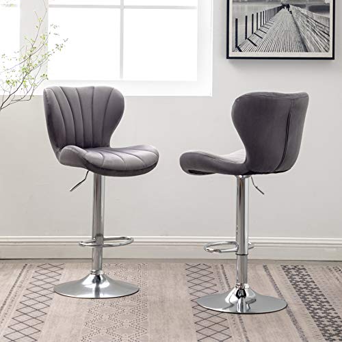 Ellston Velvet Adjustable Swivel Barstools in Gray, Set of 2