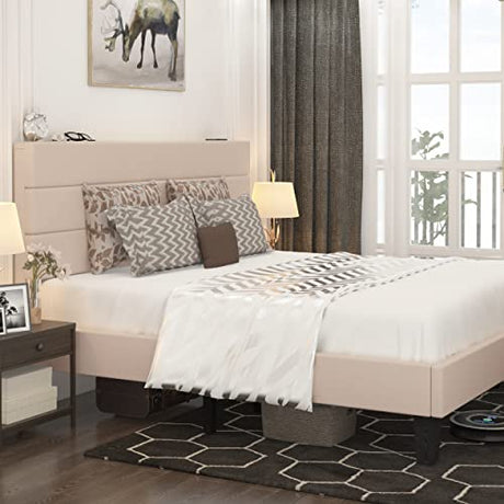 Upholstered Platform Bed Frame with Linen Fabric Simple Style Headboard