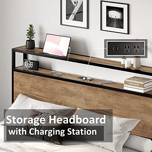 Bed Frame Industrial Platform Bed with Charging Station, 2-Tier Storage Headboard