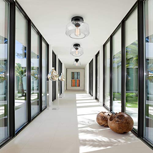 Industrial Semi-Flush Mount Ceiling Light, Seeded Glass Pendant Lamp Shade