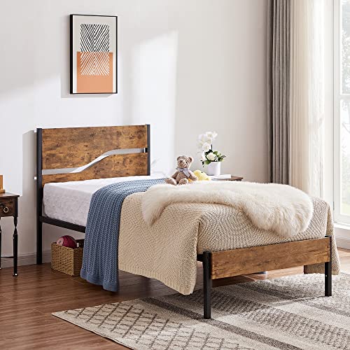 Platform Bed Frame Twin Size with Rustic Vintage Wood Headboard, Mattress Foundation