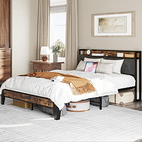 Queen Bed Frame, Storage Headboard with Outlets