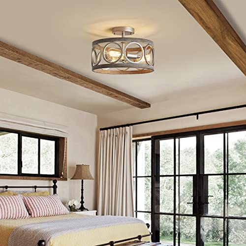 Rustic Semi Flush Mount Ceiling Lighting Fixture, 3-Light Antique Wood Grain Drum Lamp