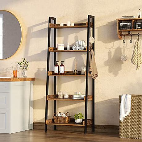 Ladder Bookshelf with 3 Hooks, 5 Tier Ladder Shelf