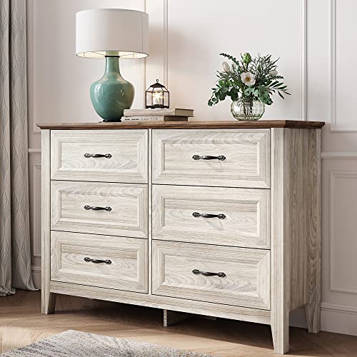 White Dresser for Bedroom, Long Dresser with 6 Drawers
