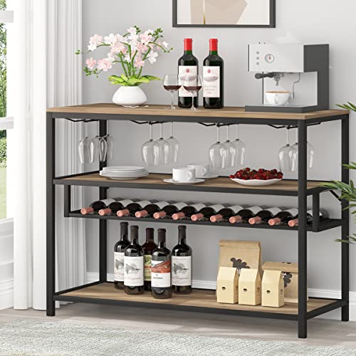 Wine Rack Table, Modern Metal and Wood Wine Bar Cabinet Freestanding Floor