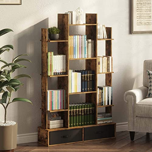 Bookshelf with 2Drawers, Rustic Wood Bookshelves