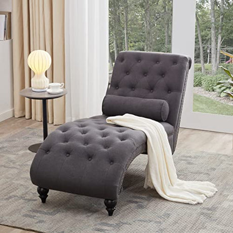 Button-Tufted Chaise Lounge Indoor with Solid Wood Legs & Support Pillow